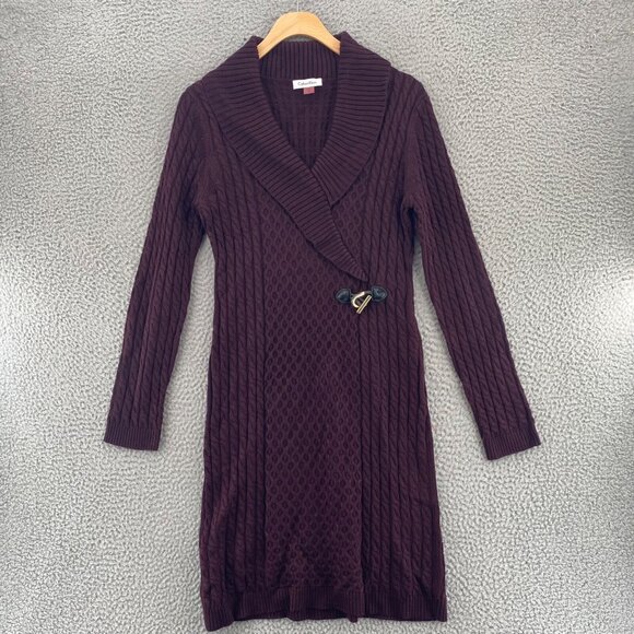 Calvin Klein Dress Womens Medium Burgundy Sweater Cable Knit Shawl V Neck Mini* - Picture 1 of 10